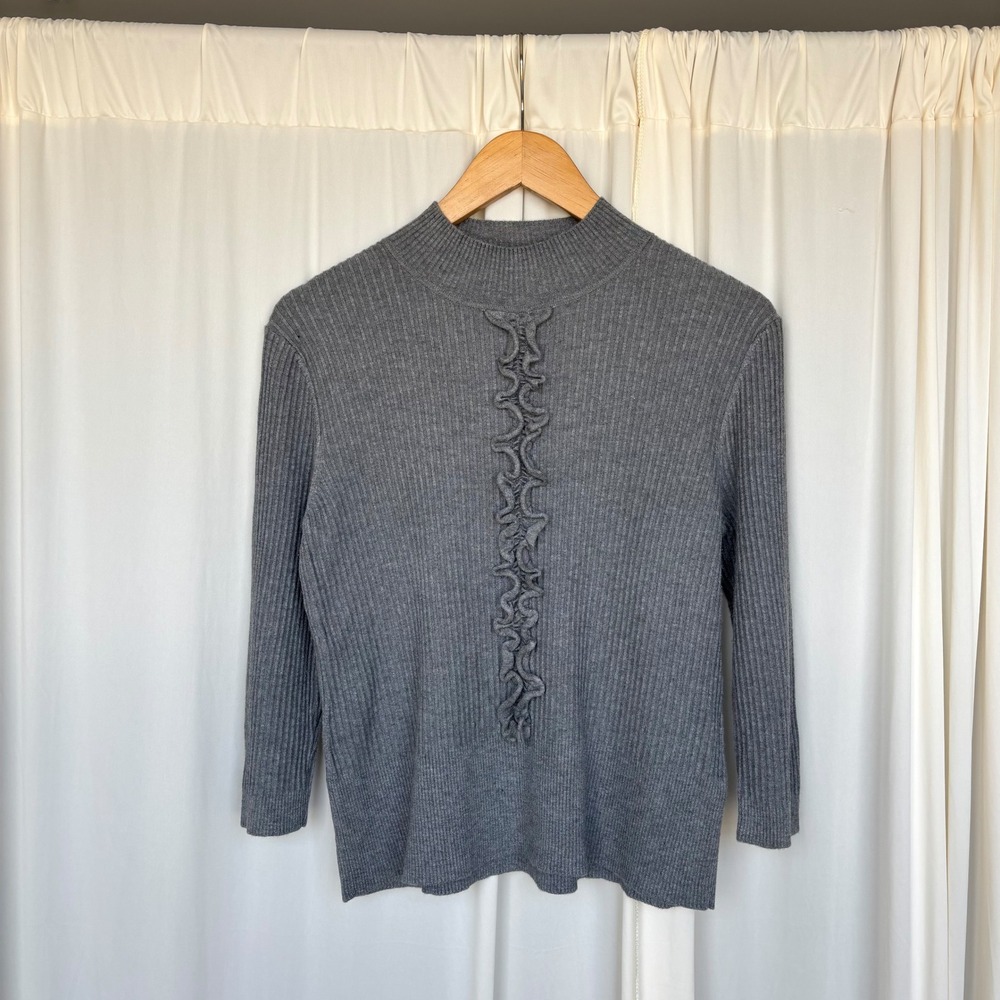 Cable & Gauge Ruffle Mock Neck Sweater Ribbed Petite S Romantic Boho Work 2010s